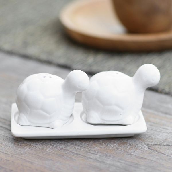 Alternate image for Matte White Ceramic Turtle Salt and Pepper Shakers with Tray Tortoise Friends in White