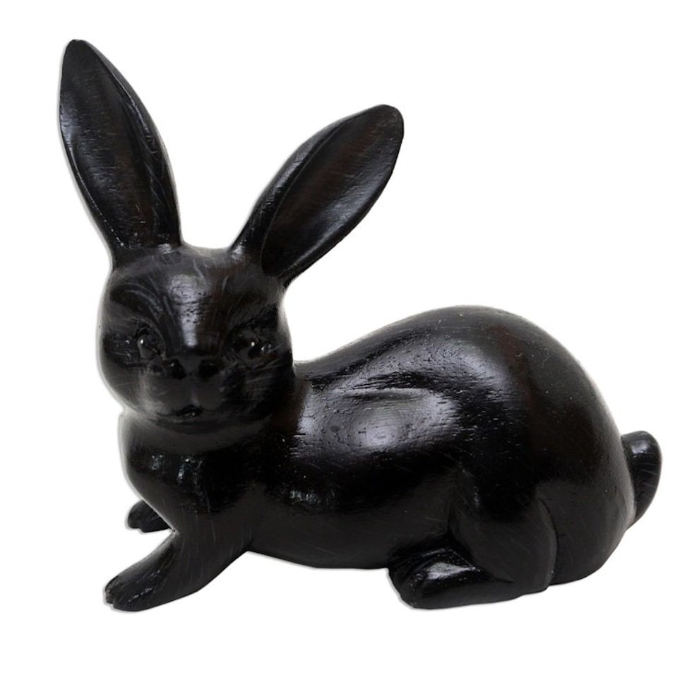 Hand Painted Suar Wood Rabbit Figurine 'Wise Rabbit in Black'