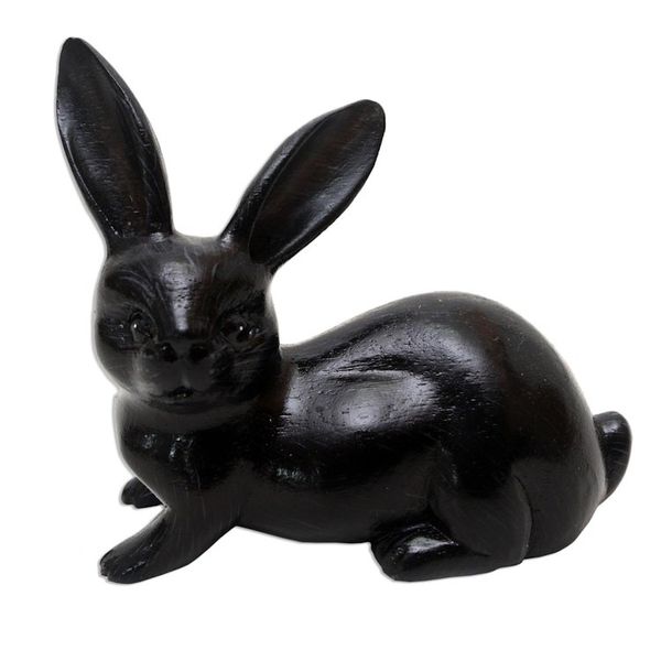 Alternate image for Hand Painted Suar Wood Rabbit Figurine Wise Rabbit in Black