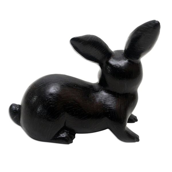Alternate image for Hand Painted Suar Wood Rabbit Figurine Wise Rabbit in Black