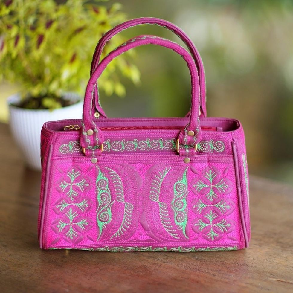 Hand-Woven Cotton Handle Handbag from Bali 'Dayak Tribe in Magenta'
