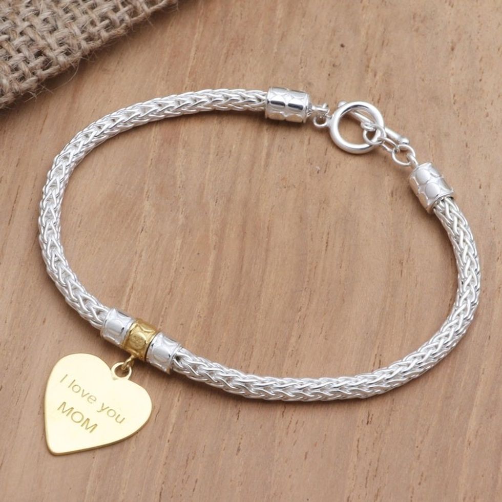 Gold-Plated Sterling Silver Heart Charm Bracelet from Bali 'Love for Mom in Gold'
