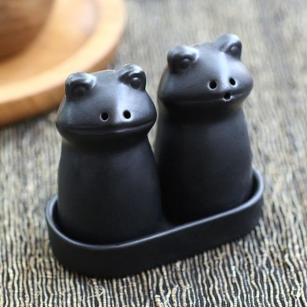 Alternate image for Matte Black Ceramic Frog Salt and Pepper Shakers with Tray Fanciful Frogs in Black