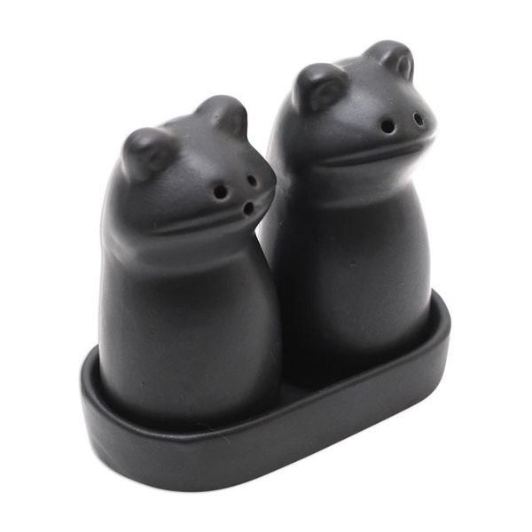 Alternate image for Matte Black Ceramic Frog Salt and Pepper Shakers with Tray Fanciful Frogs in Black