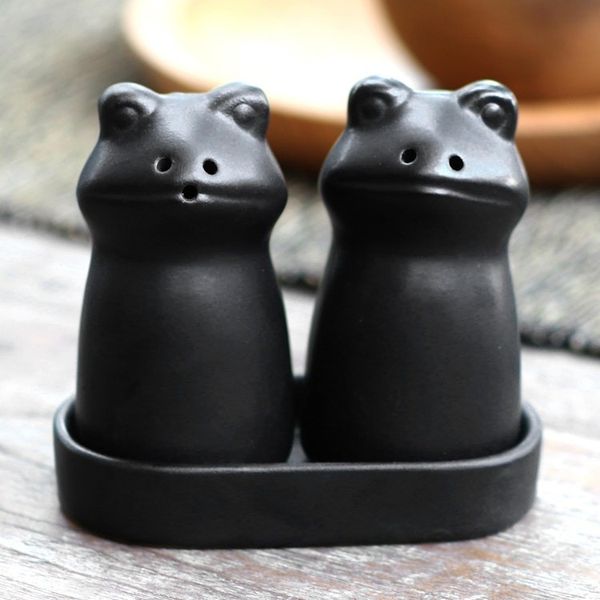 Alternate image for Matte Black Ceramic Frog Salt and Pepper Shakers with Tray Fanciful Frogs in Black