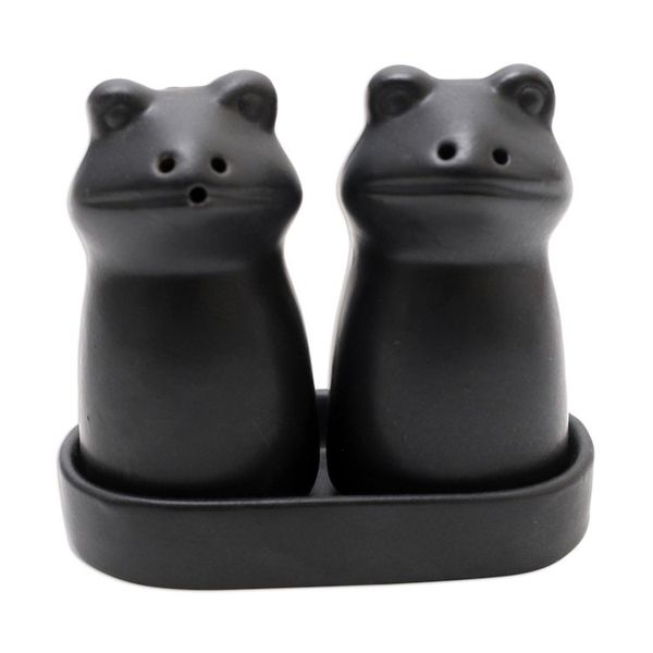 Alternate image for Matte Black Ceramic Frog Salt and Pepper Shakers with Tray Fanciful Frogs in Black
