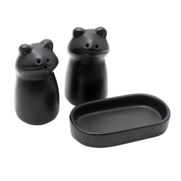 Alternate image for Matte Black Ceramic Frog Salt and Pepper Shakers with Tray Fanciful Frogs in Black