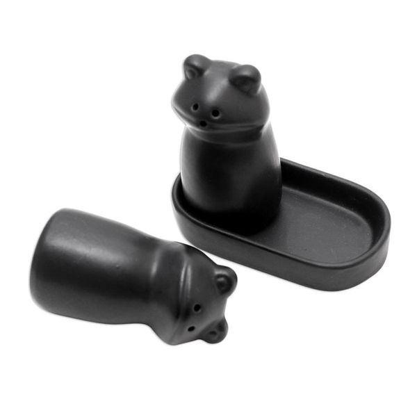 Alternate image for Matte Black Ceramic Frog Salt and Pepper Shakers with Tray Fanciful Frogs in Black