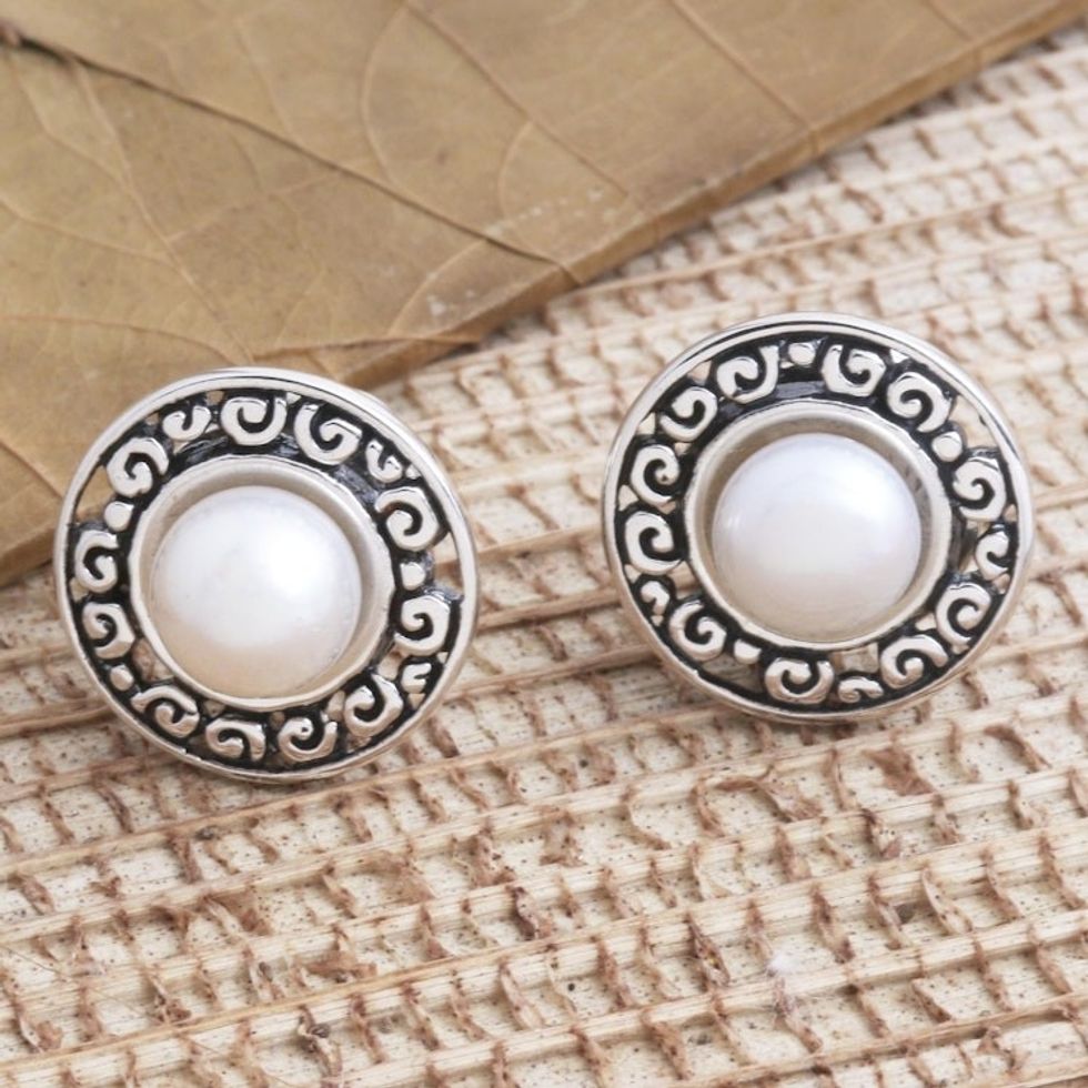 Cultured Freshwater Pearl Sterling Silver Button Earrings 'Sacred Halo'