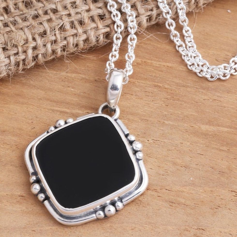 Black Onyx Sterling Silver Pendant Necklace 'On Guard'
