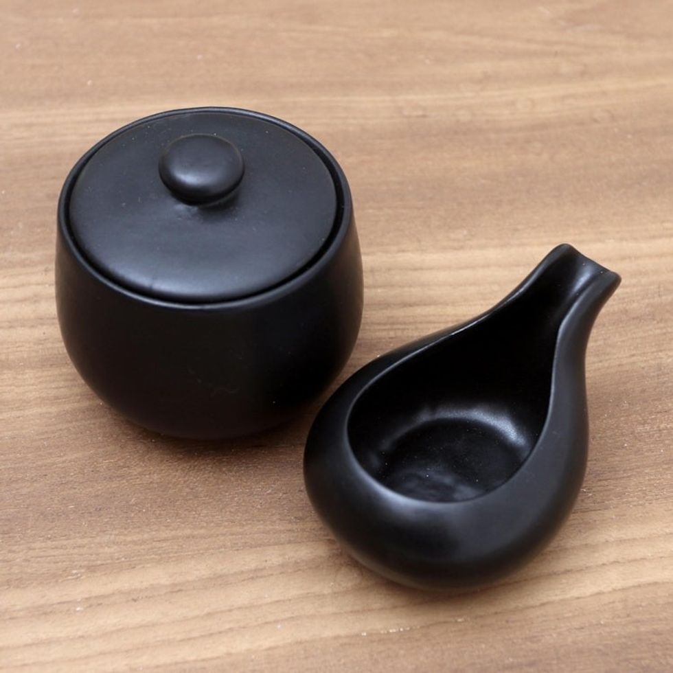 Black Ceramic Cream and Sugar Set Pair 'Coffee Time in Black'