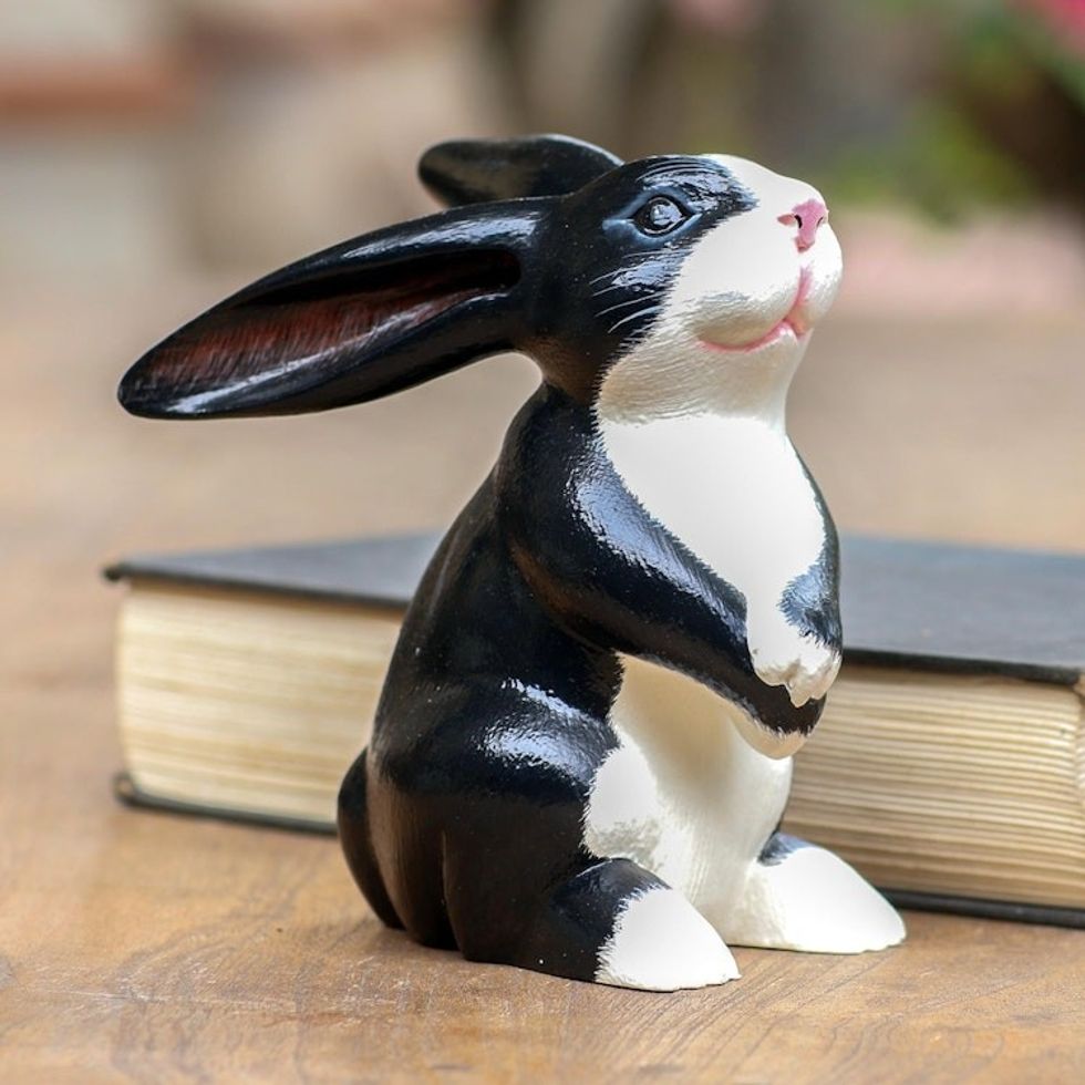 Bunny Sculpture in Black and White 'Adorable Tuxedo Rabbit'