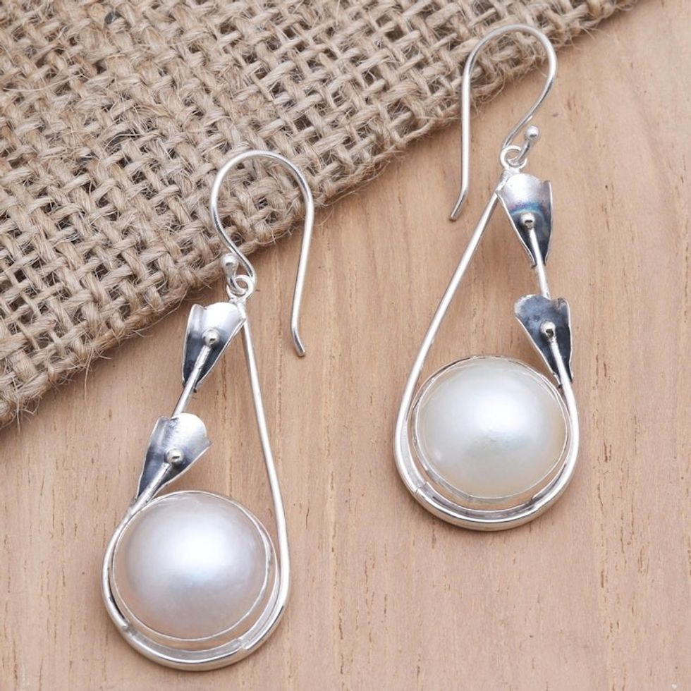 Handcrafted Pearl and Sterling Silver Dangle Earrings 'Forest by the Beach'