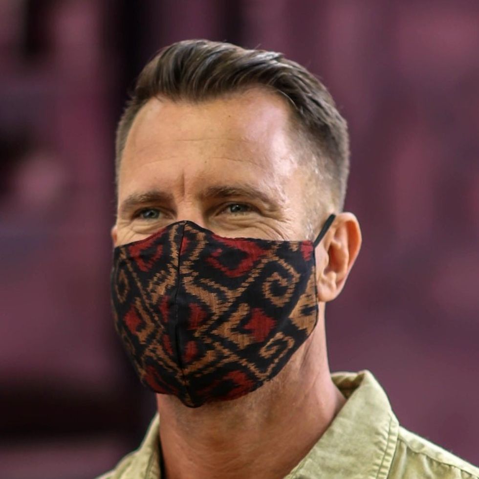 2 Adult2 Child Brown Black 2-Layer Cotton Ikat Masks 'Ginger Brown Ikat'