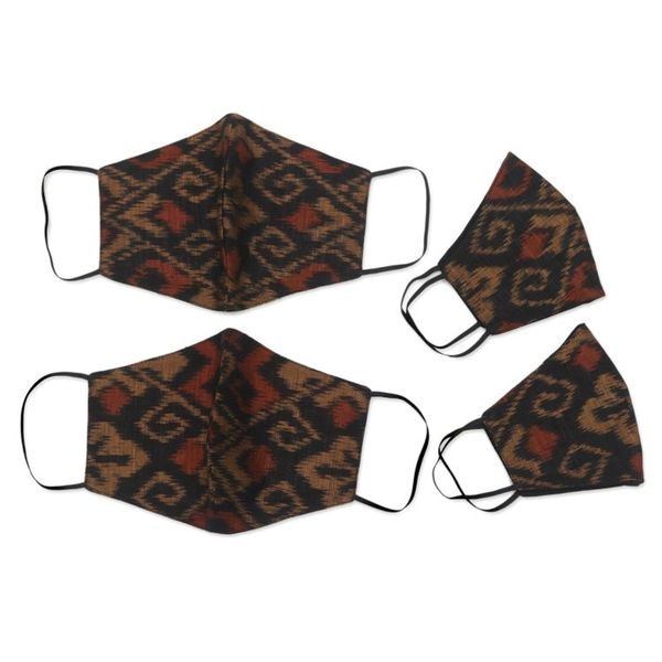 Alternate image for 2 Adult2 Child Brown Black 2-Layer Cotton Ikat Masks Ginger Brown Ikat