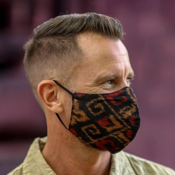 Alternate image for 2 Adult2 Child Brown Black 2-Layer Cotton Ikat Masks Ginger Brown Ikat