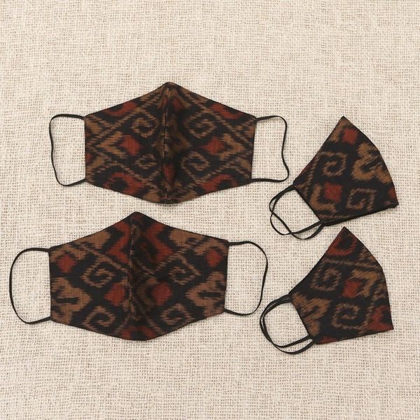 Alternate image for 2 Adult2 Child Brown Black 2-Layer Cotton Ikat Masks Ginger Brown Ikat