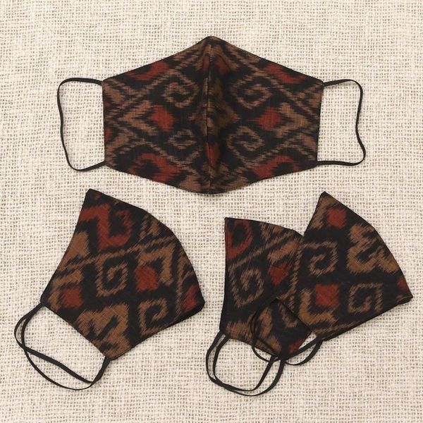 Alternate image for 2 Adult2 Child Brown Black 2-Layer Cotton Ikat Masks Ginger Brown Ikat