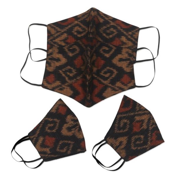 Alternate image for 2 Adult2 Child Brown Black 2-Layer Cotton Ikat Masks Ginger Brown Ikat