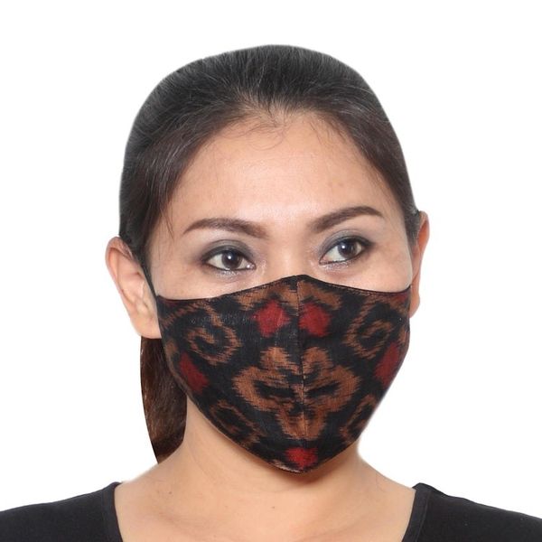 Alternate image for 2 Adult2 Child Brown Black 2-Layer Cotton Ikat Masks Ginger Brown Ikat