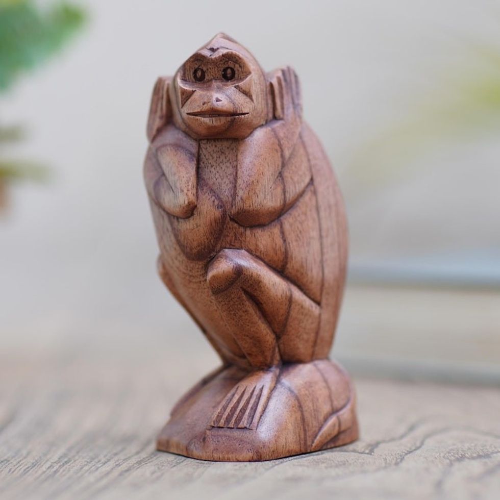 Hand Carved Suar Wood Monkey Sculpture 'Monkey Forest'