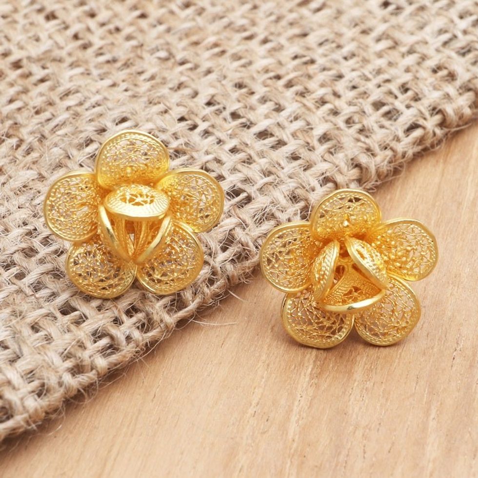 Gold-Plated Floral Button Earrings 'Frangipani Light'