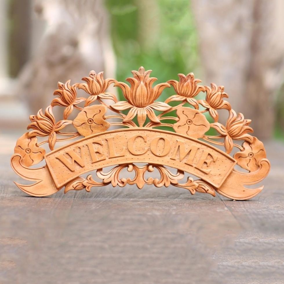 Hand Crafted Suar Wood Lotus Flower Wall Sign 'Welcoming Lotus'