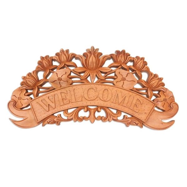 Alternate image for Hand Crafted Suar Wood Lotus Flower Wall Sign Welcoming Lotus