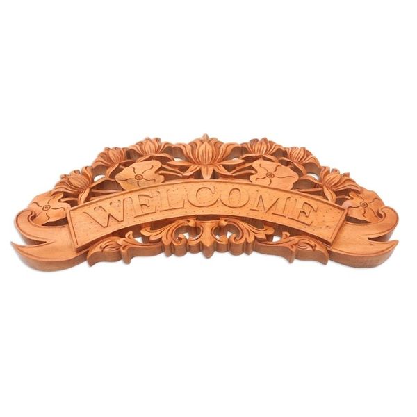 Alternate image for Hand Crafted Suar Wood Lotus Flower Wall Sign Welcoming Lotus