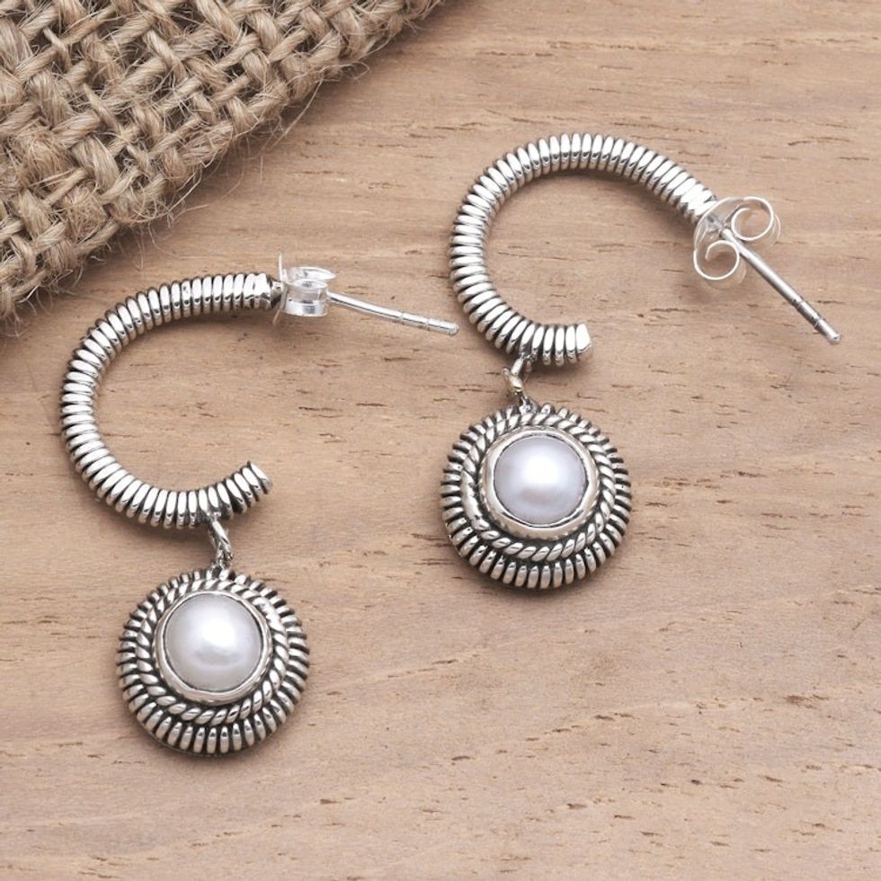 Cultured Pearl and Sterling Silver Dangle Earrings 'Light Year in White'