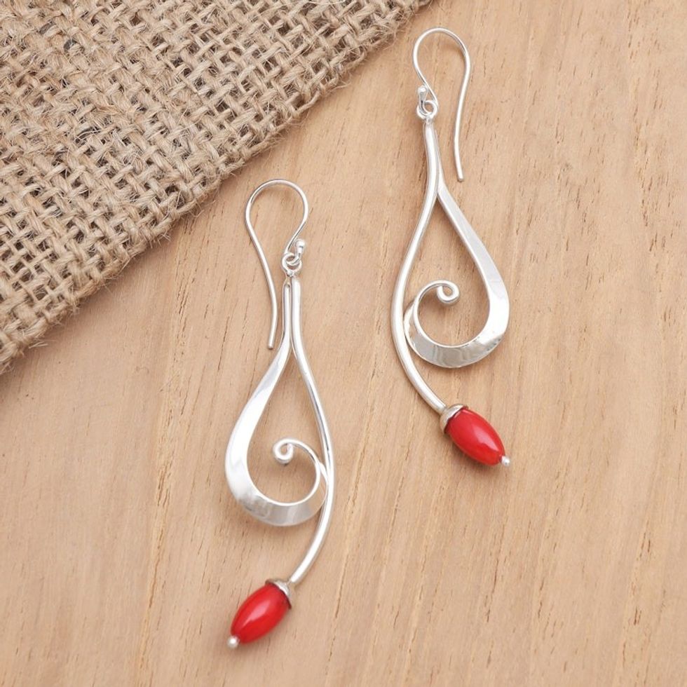 Sterling Silver and Red Resin Dangle Earrings 'Wave Melody in Red'