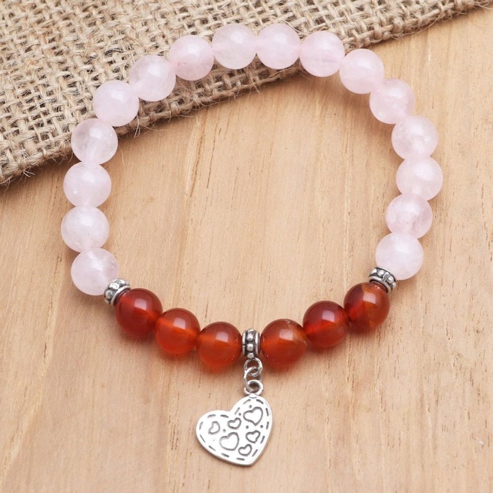 Rose Quartz and Carnelian Heart-Motif Charm Bracelet 'Loving Mood'