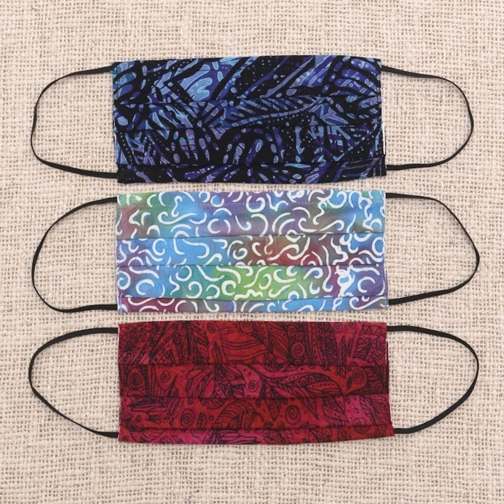 3 Balinese Pleated 2-Layer Rayon Batik Elastic Loop Masks 'Joyous Song'