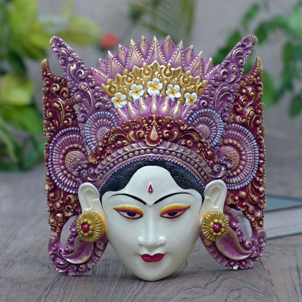 Artisan Crafted Balinese Suar Wood Mask 'Traditional Dance'