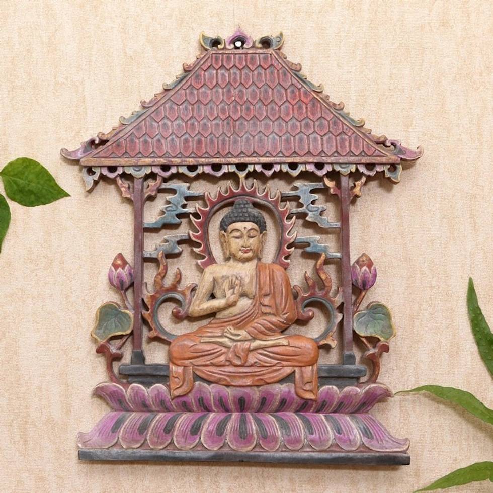Buddha-Themed Suar Wood Relief Panel 'Under Protection'