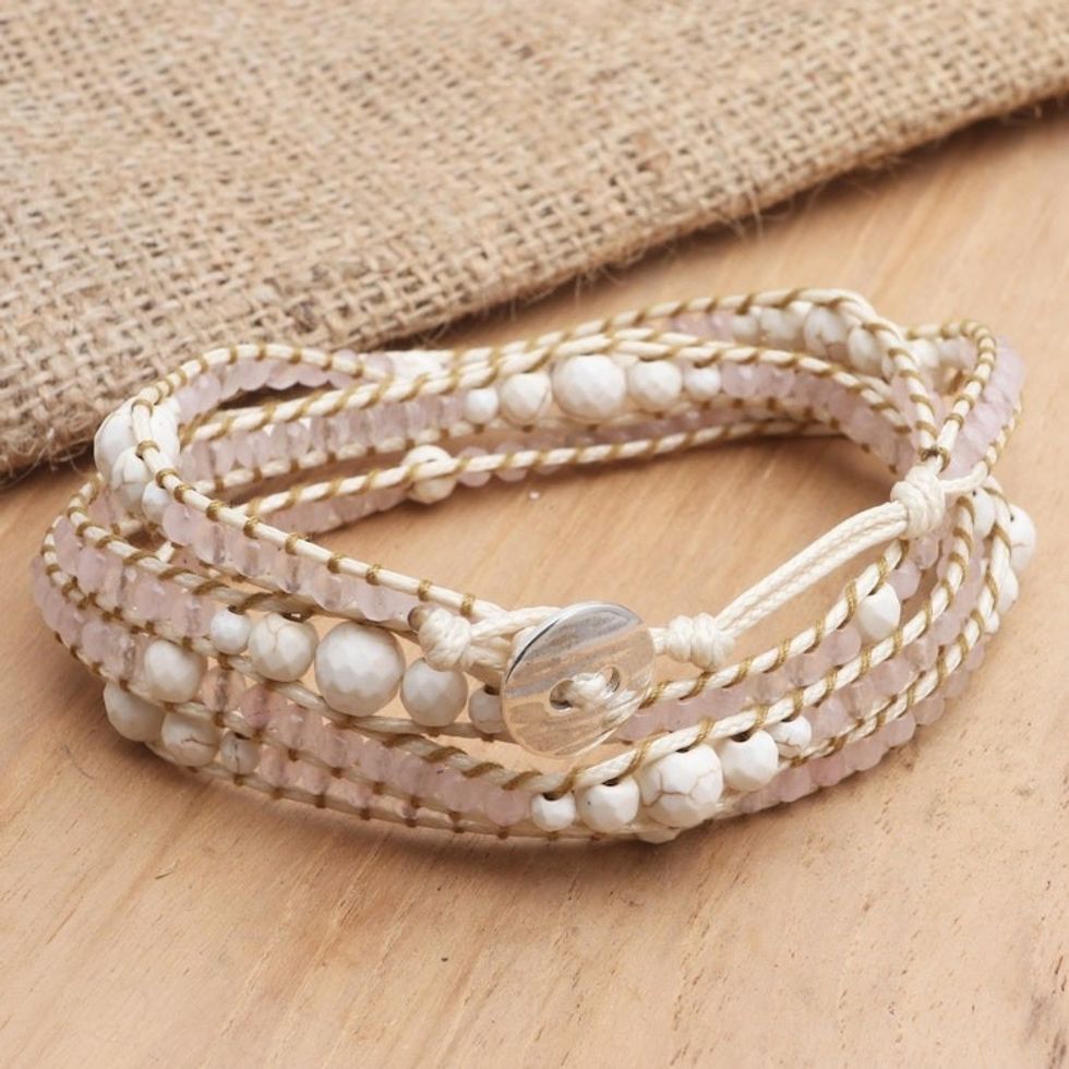 Handmade Howlite and Rose Quartz Beaded Wrap Bracelet 'Baby Cheeks'
