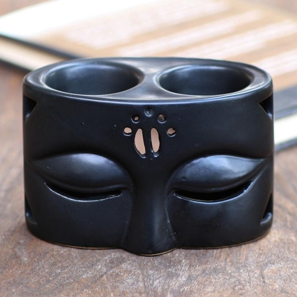 Black Ceramic Buddha-Themed Oil Warmer 'Warming Buddha in Black'