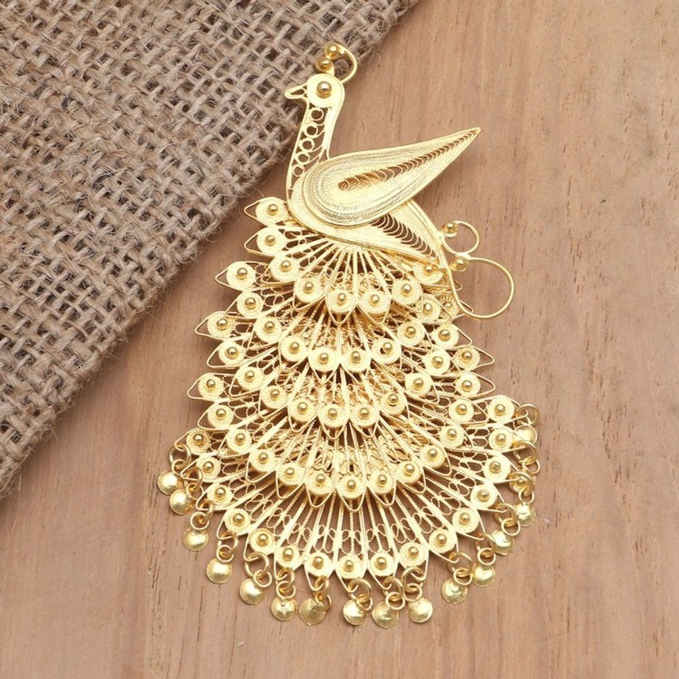 Gold-Plated Sterling Silver Peacock Brooch 'Peacock Charm'