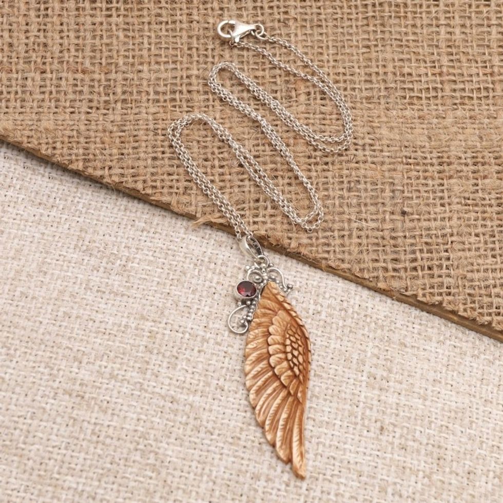 Hand Crafted Bone and Garnet Pendant Necklace 'Angelic Harmony'