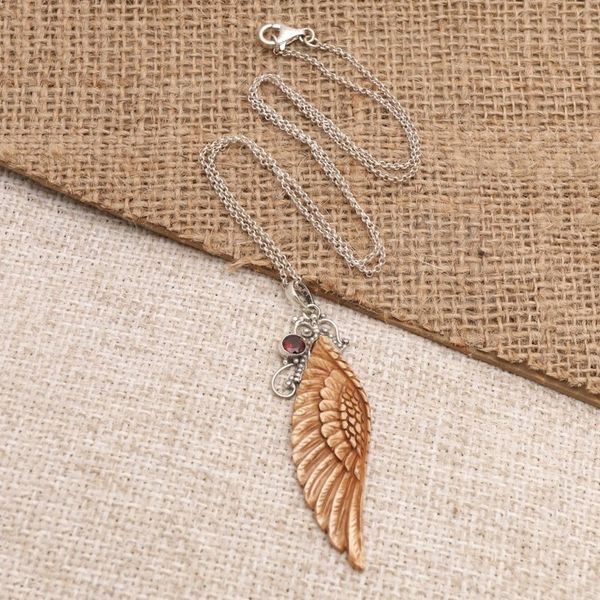Alternate image for Hand Crafted Bone and Garnet Pendant Necklace Angelic Harmony