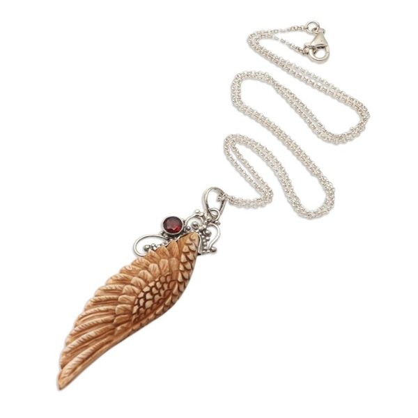 Alternate image for Hand Crafted Bone and Garnet Pendant Necklace Angelic Harmony
