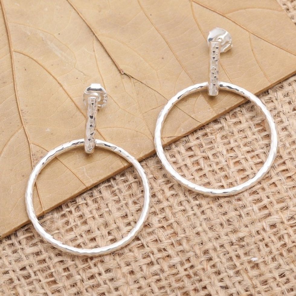 Round Sterling Silver Dangle Earrings from Bali 'Throw for a Loop'