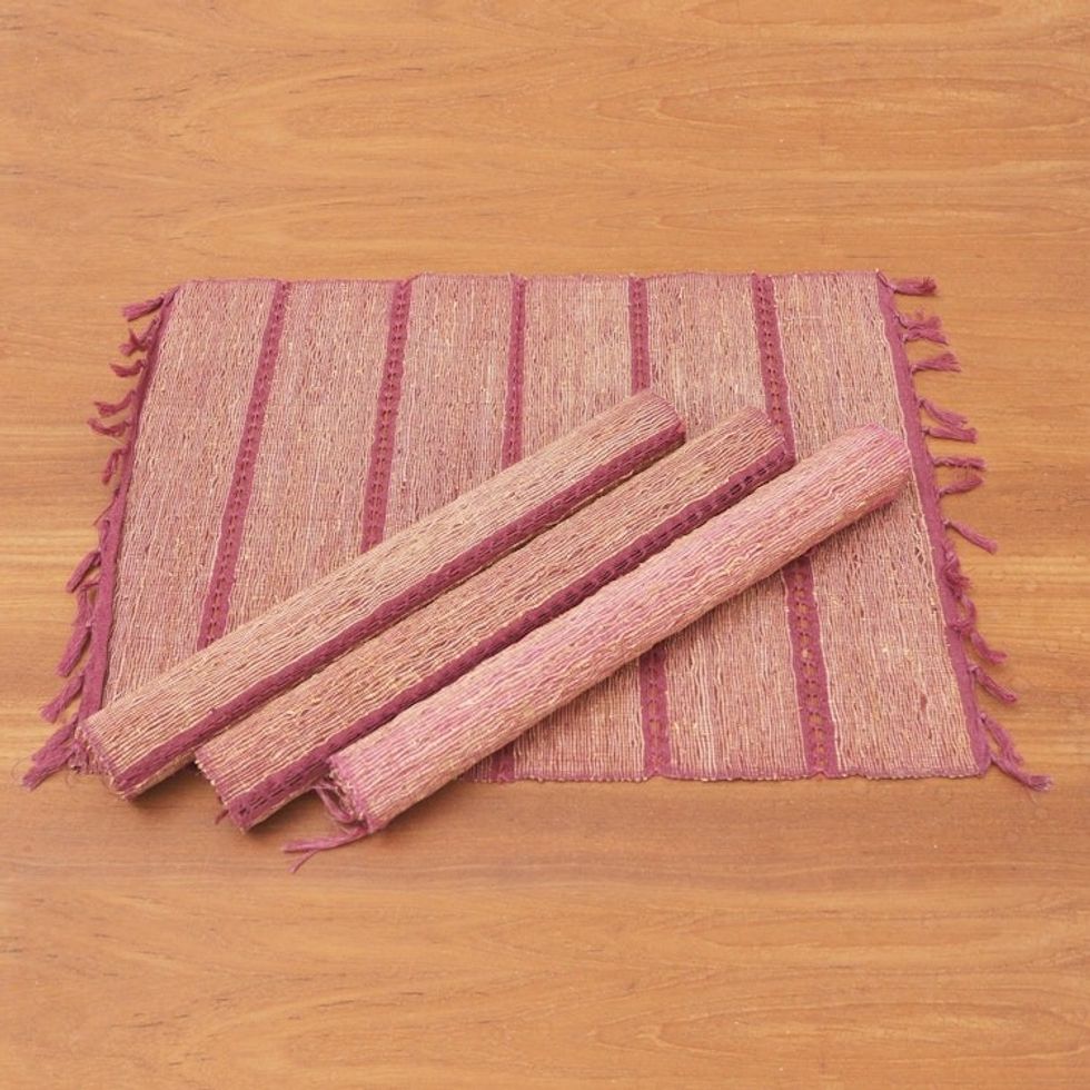 Fringed Natural Fiber and Cotton Placemats Set of 4 'Dusty Rose'