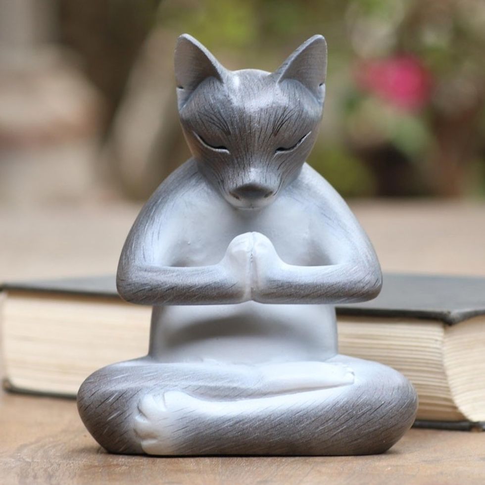 Hand Carved Suar Wood Cat Statuette 'Grateful Cat in Grey'