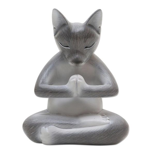 Alternate image for Hand Carved Suar Wood Cat Statuette Grateful Cat in Grey