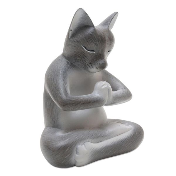 Alternate image for Hand Carved Suar Wood Cat Statuette Grateful Cat in Grey