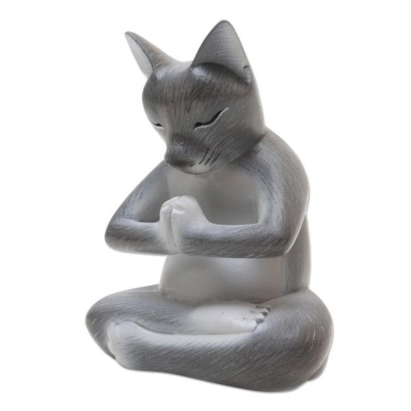Alternate image for Hand Carved Suar Wood Cat Statuette Grateful Cat in Grey