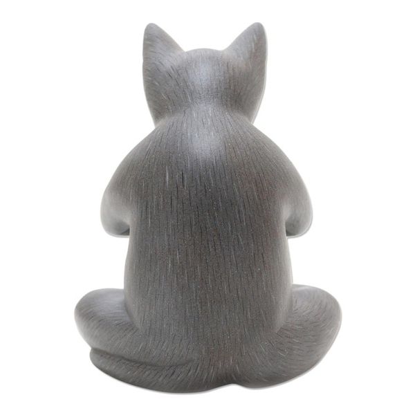 Alternate image for Hand Carved Suar Wood Cat Statuette Grateful Cat in Grey