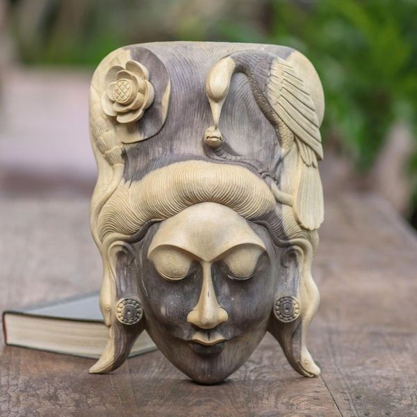 Alternate image for Hand Carved Hibiscus Wood Mask Lady of the Jungle