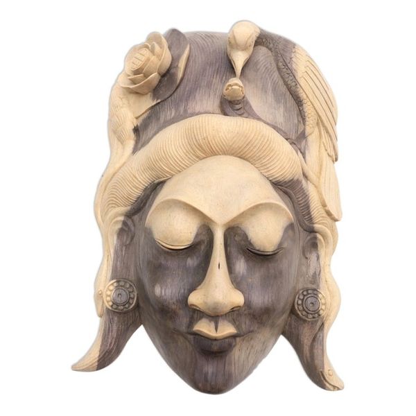 Alternate image for Hand Carved Hibiscus Wood Mask Lady of the Jungle